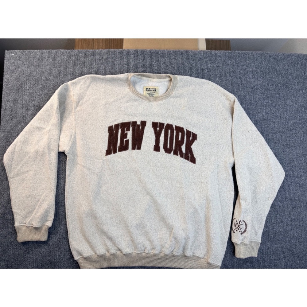 New York Popular Sweatshirt XL Tan Cream Crewneck Pullover Graphic Mens Cotton